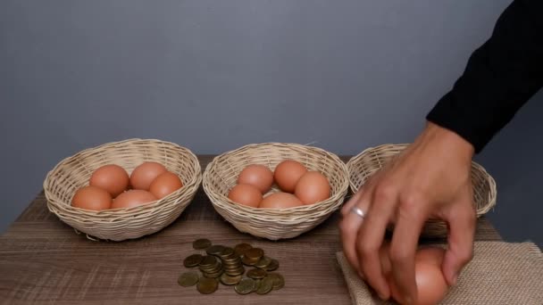Pongas Todos Tus Huevos Concepto Canasta Huevos Una Cesta Ratán — Vídeo de stock