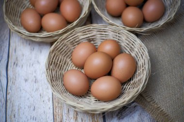 Eggs in three wicker baskets