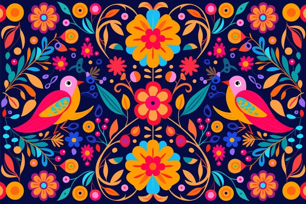 Fundo Mexicano Colorido Com Flores Pássaros Design Plano Ilustração Vetorial — Vetor de Stock