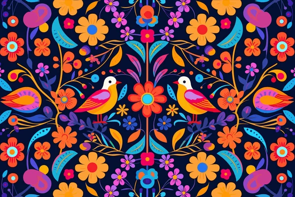 Fundo Mexicano Colorido Com Flores Pássaros Design Plano Ilustração Vetorial — Vetor de Stock