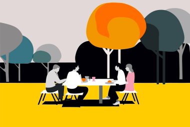 Bir grup insan parkta birlikte yemek yiyorlar. Pop Art Illustration