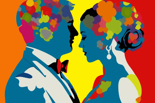 Wedding Couple Pop Art Vector Illustration Colorful Art Wedding Couple — Stock Vector