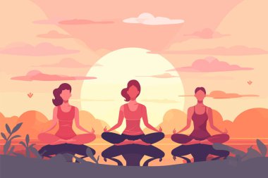 Üç kız gün doğumunda illüstrasyon yapıyor, uluslararası yoga günü, yoga günü afişi