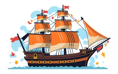 Okyanus Yolculuğu: Denizcilik Endüstrisini bir gemiyle keşfetmek, denizde seyreden bir karikatür teknesini keşfetmek, bir deniz yolculuğu bekliyor. Korsan gemi vektör çizimi
