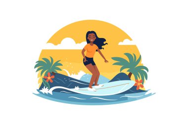 Sörfçü kız illüstrasyonu, neşeli yüzle sörf yapan neşeli kız.