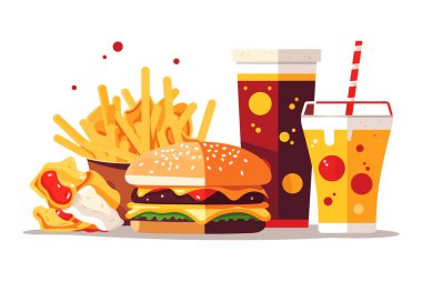 Hamburger, kola ve taze sebzelerle nefis Fast Food Atıştırması Beyaz Arkaplan çizimi, burger, kola, sıcak ve baharatlı patates kızartması çizimi