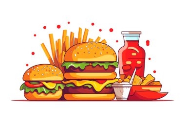 Hamburger, kola ve taze sebzelerle nefis Fast Food Atıştırması Beyaz Arkaplan çizimi, burger, kola, sıcak ve baharatlı patates kızartması çizimi