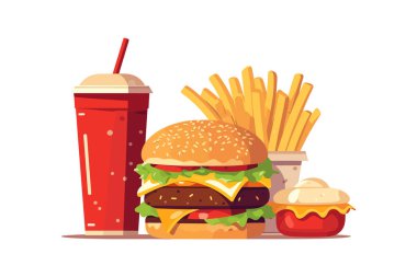 Hamburger, kola ve taze sebzelerle nefis Fast Food Atıştırması Beyaz Arkaplan çizimi, burger, kola, sıcak ve baharatlı patates kızartması çizimi