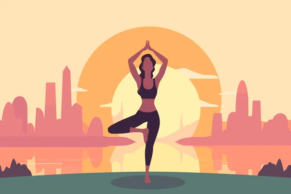 Schöne Mädchen Beim Yoga Sonnenaufgang Illustration Internationaler Yoga Tag Yoga — Stockvektor