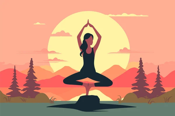 Belle Fille Faisant Illustration Yoga Journée Internationale Yoga Bannière Journée — Image vectorielle