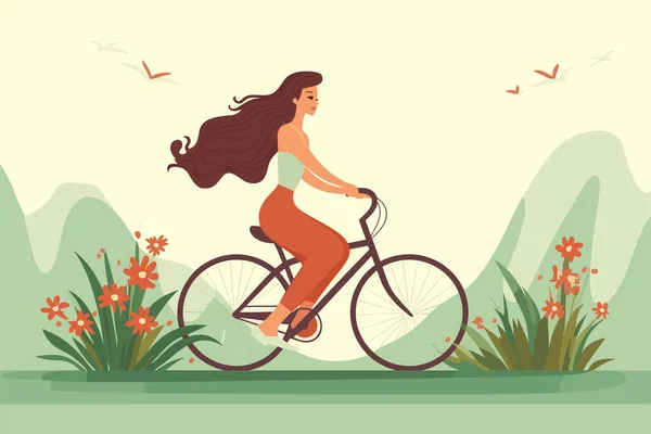 美丽的女孩骑自行车矢量插图 — 图库矢量图片