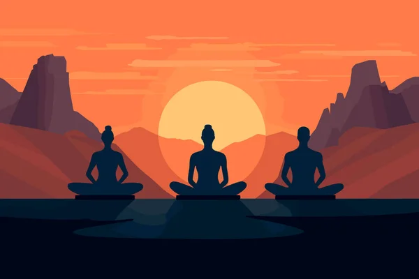 Gruppe Von Menschen Die Yoga Sonnenaufgang Machen Illustration Internationaler Yoga — Stockvektor