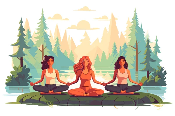 stock vector three girls doing illustration, international yoga day, yoga day banner, yoga day background