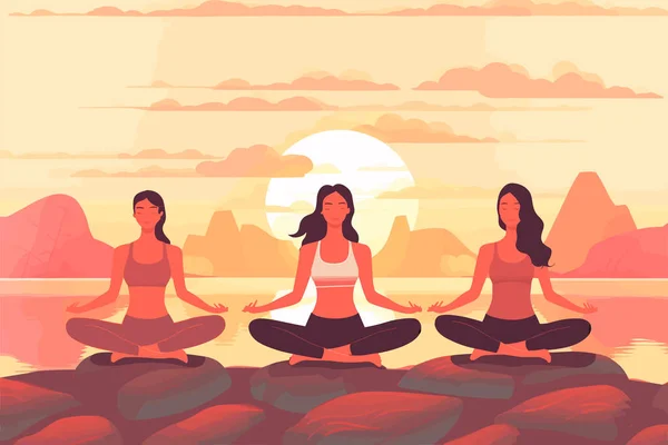 Three Girls Doing Sunrise Illustration International Yoga Day Yoga Day — Stock Vector
