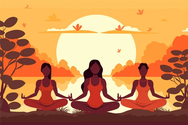 Drei Mädchen Bei Einem Sonnenaufgang Illustration Internationaler Yoga Tag Yoga — Stockvektor