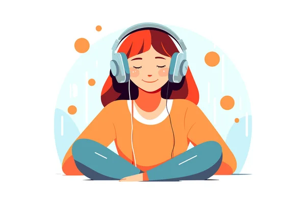 Linda Chica Escuchando Música Pacíficamente Ilustración Alegre Chica Escuchando Música — Vector de stock