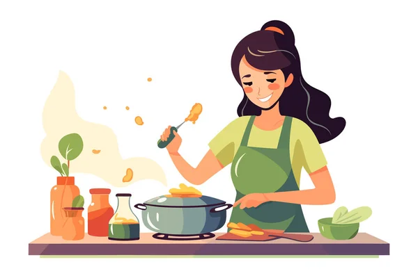 Gesunde Ernährung Frau Kocht Nahrhafte Mahlzeit Mit Frischem Gemüse Gut — Stockvektor