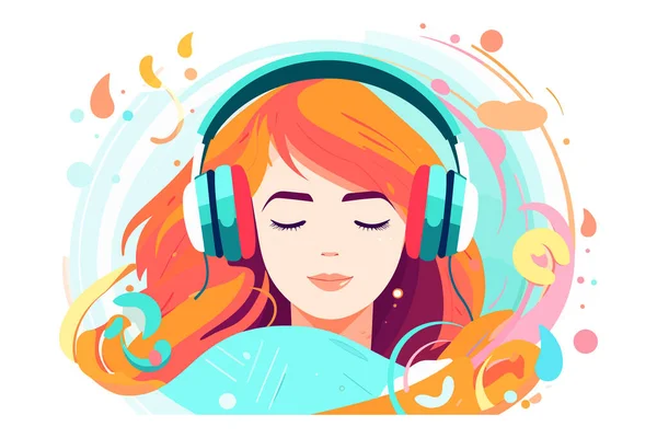 Linda Chica Escuchando Música Pacíficamente Ilustración Alegre Chica Escuchando Música — Vector de stock