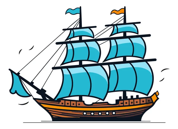 海洋航海 航海船で海洋産業を探索し 海を航海する漫画ボートを探索し 海洋旅行が待っています 海賊船ベクトル図 — ストックベクタ