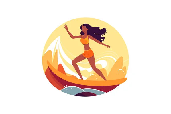 Stock vector surfing girl illustration, Cheerful girl surfing with joyful expression