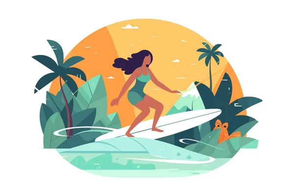サーフィン女子イラスト楽しい表情でサーフィンするチアガール — ストックベクタ