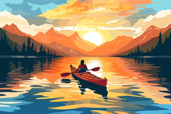 stock vector Tranquil sunset over mountains and lake, reflecting beauty of nature and transportation, young woman kayaking in crystal lake illustration for printing, wallpaper design and wall ar