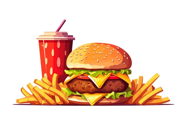 Finom Fast Food Snack Hamburgerrel Kólával Friss Zöldségekkel Fehér Háttérrel — Stock Vector