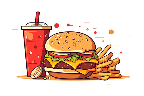 Köstlicher Fast Food Snack Mit Burger Cola Und Frischem Gemüse — Stockvektor