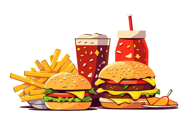 Lahodné Fast Food Snack Hamburgerem Koksem Čerstvým Zeleninou Bílém Pozadí — Stockový vektor