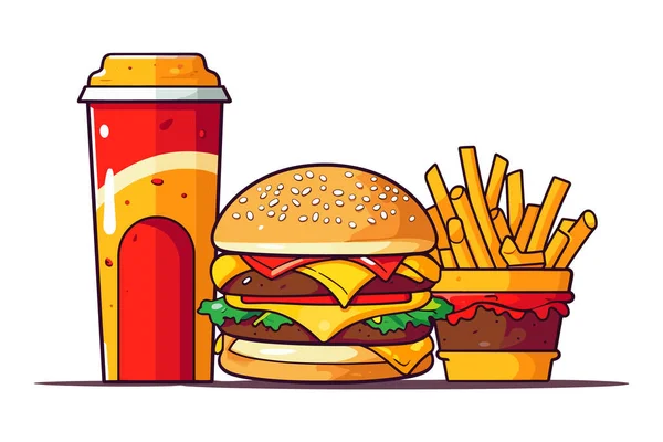 有汉堡包 可乐和新鲜蔬菜的美味快餐小吃白色背景图解 汉堡包 辣薯条图解 — 图库矢量图片
