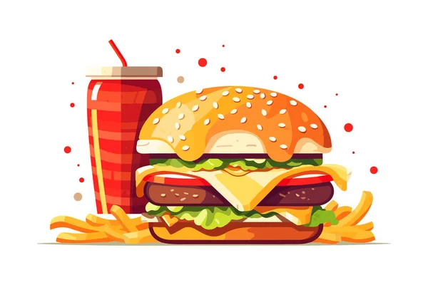 Delicious Fast Food Snack Burger Coke Και Φρέσκα Λαχανικά Ένα — Διανυσματικό Αρχείο