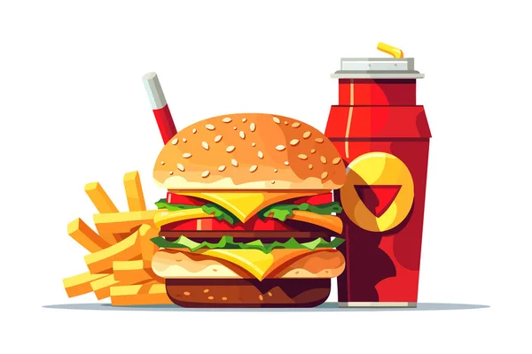 Délicieux Fast Food Snack Avec Hamburger Coke Légumes Frais Sur — Image vectorielle
