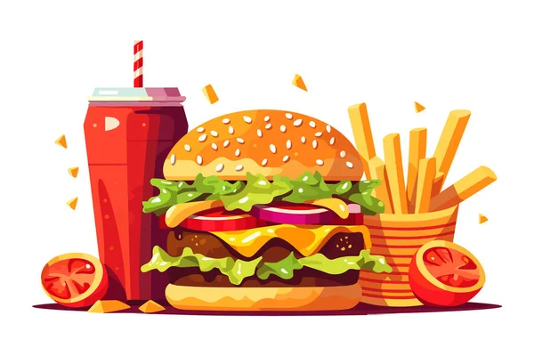Finom Fast Food Snack Hamburgerrel Kólával Friss Zöldségekkel Fehér Háttérrel — Stock Vector