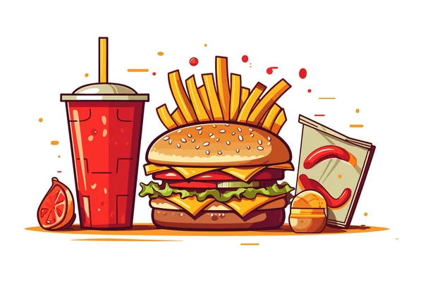 Délicieux Fast Food Snack Avec Hamburger Coke Légumes Frais Sur — Image vectorielle