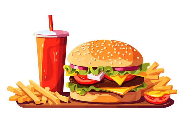 有汉堡包 可乐和新鲜蔬菜的美味快餐小吃白色背景图解 汉堡包 辣薯条图解 — 图库矢量图片