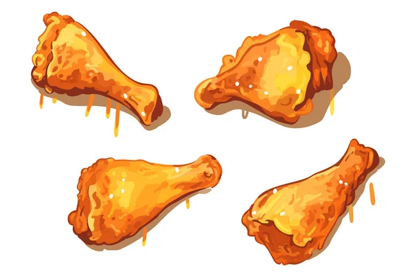 Set Aus Heißen Und Knusprigen Hühnerbeinstücken Illustration Set Aus Gebratenen — Stockvektor