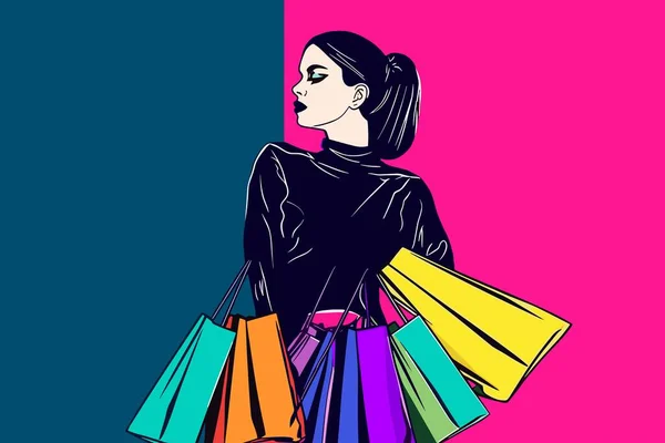 ショッピングバッグポップアートベクター ショッピングバッグベクターイラストを持つ少女のカラフルなアートとファッショナブルな少女 — ストックベクタ