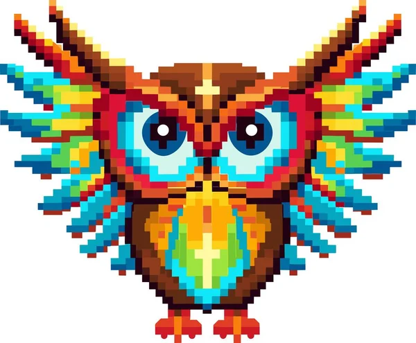 Ilustração Arte Pixel Colorido Uma Coruja Com Olhos Brilhantes Uma —  Vetores de Stock