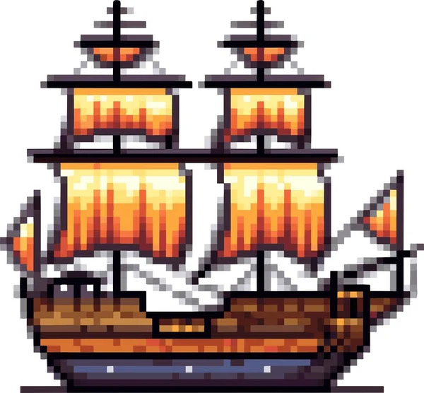 Vector Pixel Art Old Pirate Ship Isolated Cartoon — Stock Vector