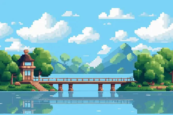 Pixel Art Lake Mountain Wooden Roof Background Pixel Art Illustration — Stock Vector