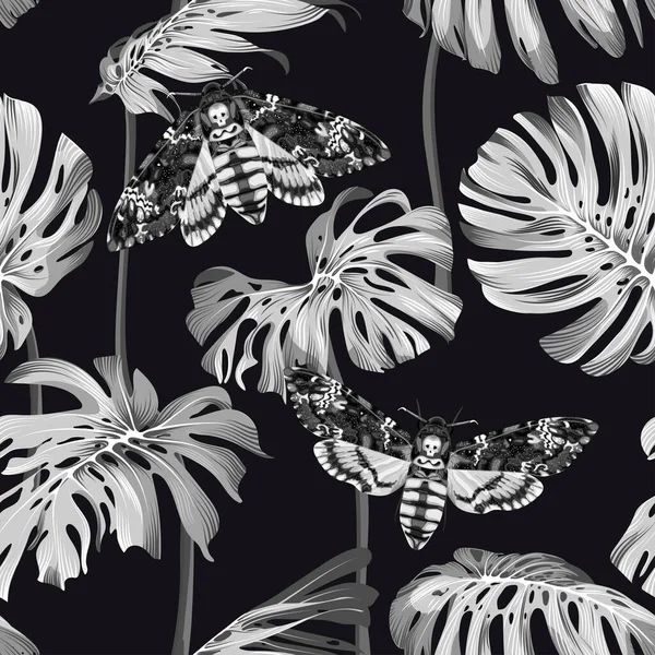 モンスターの葉と死はホーク マスを導く 熱帯黒と白のシームレスなパターン エキゾチックな植物のパターン ストックベクトルイラスト — ストックベクタ