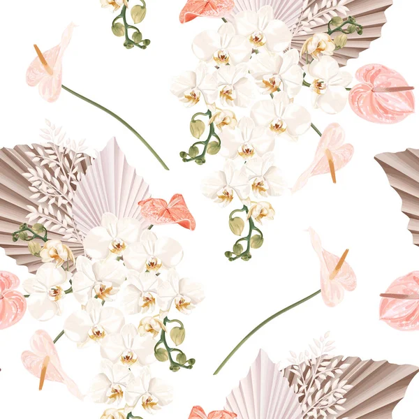 Padrão Sem Costura Floral Com Flores Brancas Orquídeas Antúrio Folhas — Vetor de Stock