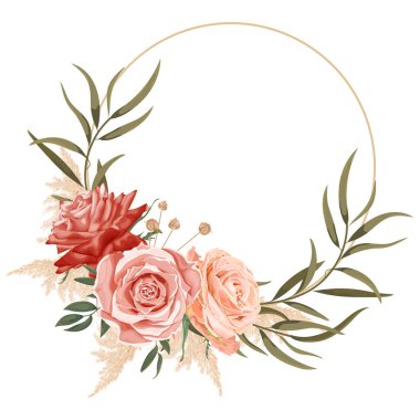 Gül çiçekli bohem çelenk, sazlıklar, yeşil yapraklar ve kuru bitkiler. Düğün çiçekçisi olarak. Davetiye için çerçeve, tebrik kartı, pankart. Beyaz arkaplanda stok vektör illüstrasyonu.