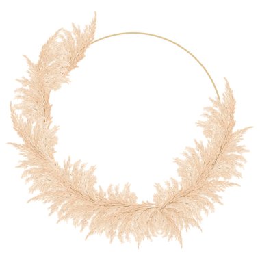 Boho, kuru kamışlı bohem çelenk. Düğün çiçekçisi olarak. Davetiye için çerçeve, tebrik kartı, pankart. Beyaz arkaplanda stok vektör illüstrasyonu.