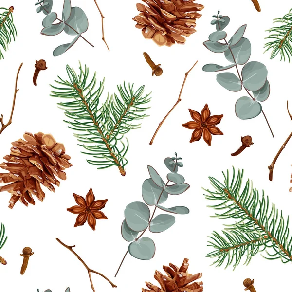 Weihnachten Nahtlose Muster Mit Tannenzapfen Weihnachtsbaum Eukalyptus Anis Nelken Und — Stockvektor