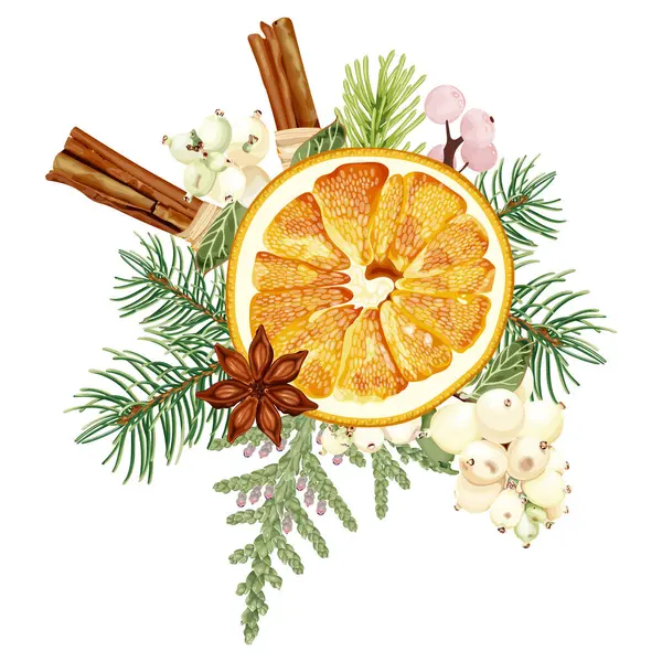 Weihnachtsdekoration Mit Getrockneten Orangen Zimt Anis Schneebeere Der Duft Von — Stockvektor