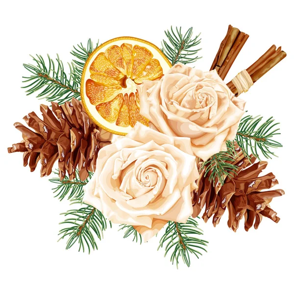 Christmas Decorations Dried Orange Spruce Cinnamon Rose Fir Pine Cone — Stock Vector