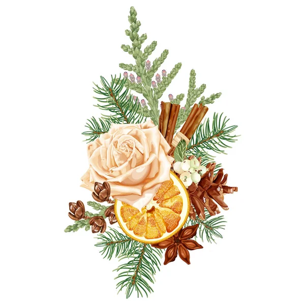 Weihnachtsdekoration Mit Getrockneten Orangen Fichten Zimt Rose Tanne Anis Tannenzapfen — Stockvektor