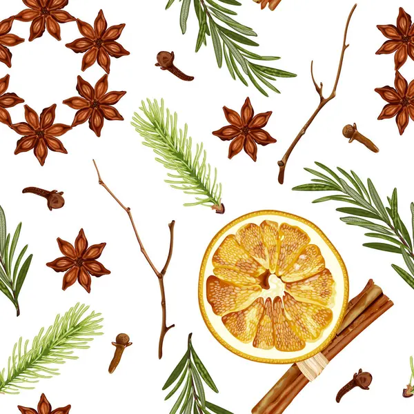 Christmas Seamless Pattern Dried Orange Cinnamon Anise Fir Branches Rosemary — Stock Vector