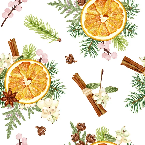 Christmas Seamless Pattern Dried Orange Cinnamon Snowberry Thuja Fir Tree — Stock Vector